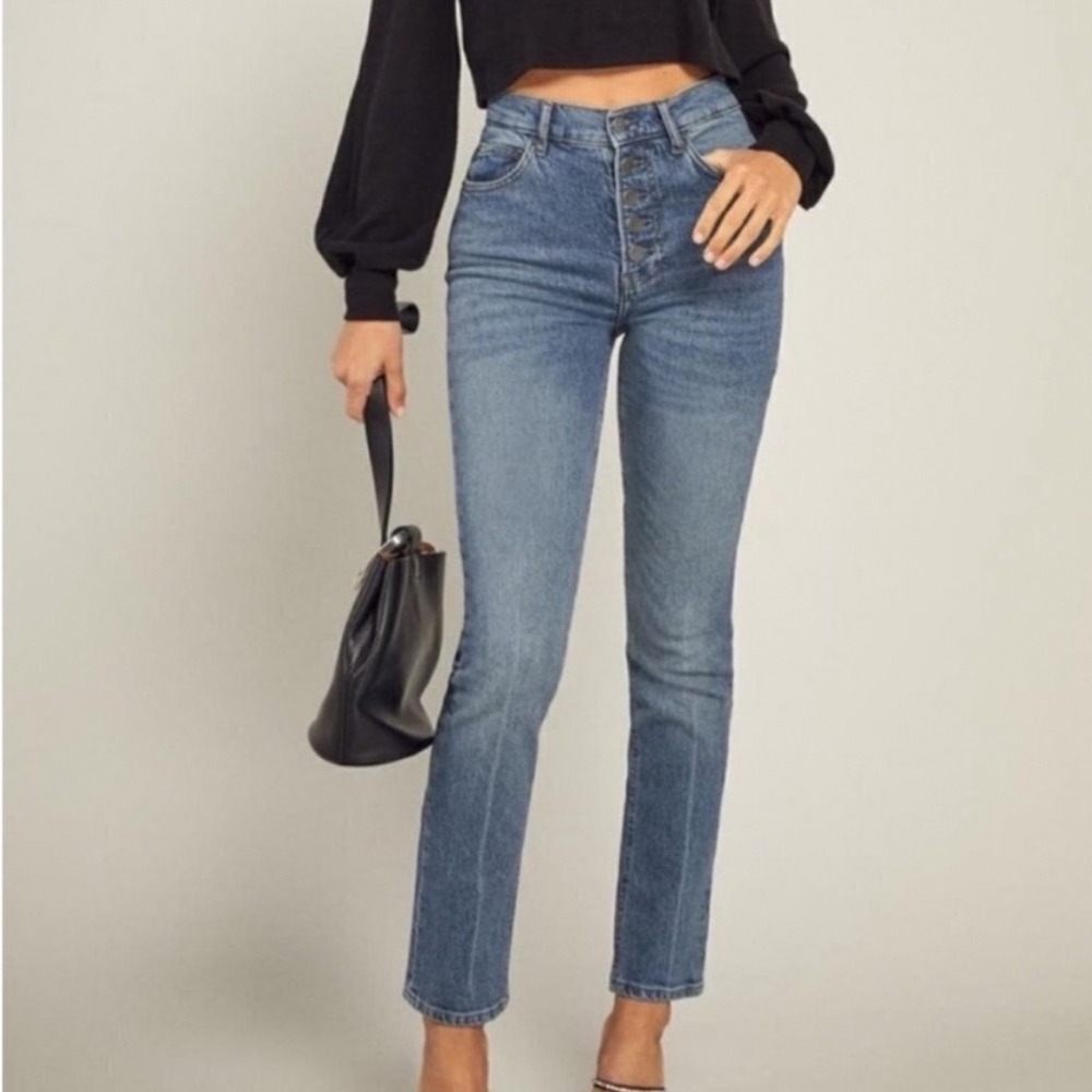 Reformation Liza Button Fly High Waist denim Jeans Straight Leg Size 28